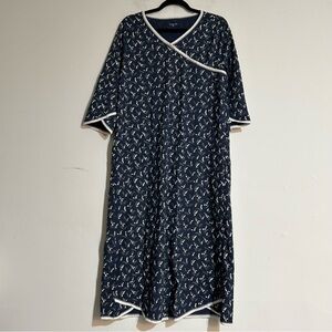 Garnet Hill Asian Wrap Organic-Cotton Midi Sleep Night Gown Blue Size Large